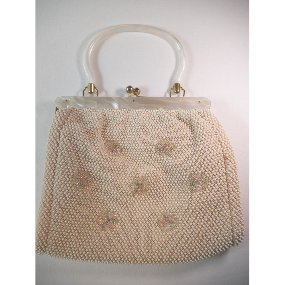 Vintage Beaded Floral Handbag Cream Mother of Pearl Frame‎ Kiss Lock Evening Bag